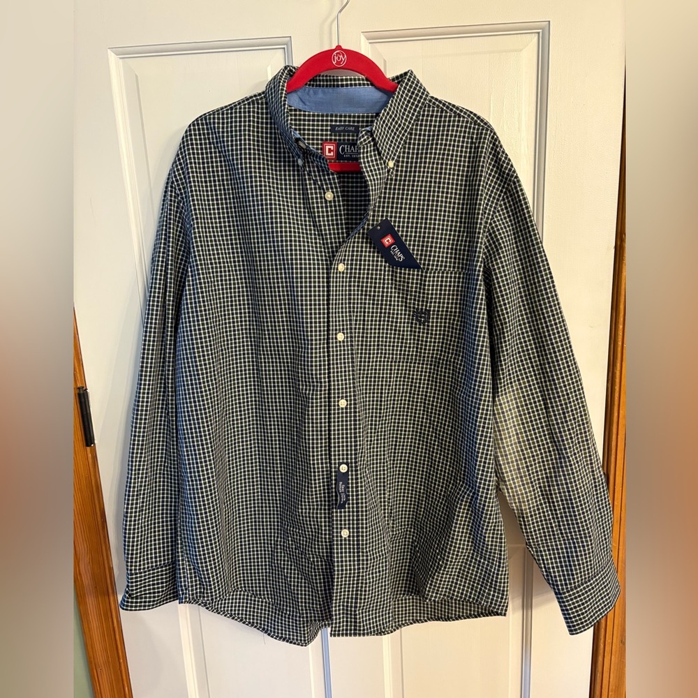 NWT CHAPS Men’s L/S  Shirt XL BIG SKY DEEP PINE Navy/Green check Easy care 60/40